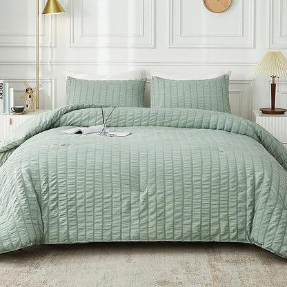 AveLom Seersucker Queen Comforter Set, Sage Green, 90x90, 3 Pieces