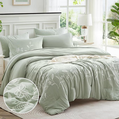 MaiRTMve Queen Size Comforter Sets, Embroidery Queen Bedding Sets 7 Pieces, Sage Green Comforter Set Queen Size, All Season Bed in A Bag Queen with Sheets, Comforter,Pillowcase  Shams