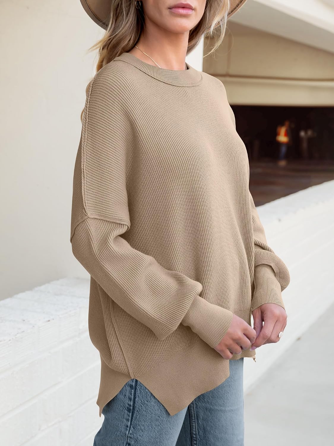 ANRABESS Women's Oversized Knit Sweaters 2026 Fall Outfits | Batwing Long Sleeve Crew Neck Side Slit Pullover Top?Comfort Winter Fashion Layering Clothes, Casual Everyday Wear
