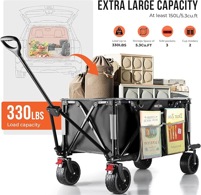 Overmont Collapsible Wagon Cart with Wheels - Foldable Heavy Duty Wagon with Big All-Terrain Wheels - 330Lbs Weight Capacity with Side Pockets for Camping Sports Garden Grocery Shopping Black