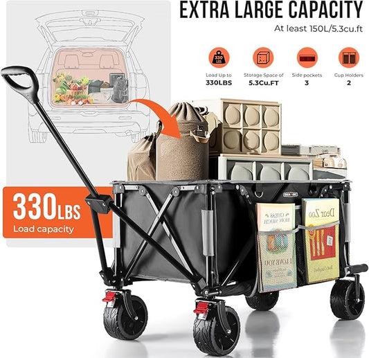 Overmont Collapsible Wagon Cart with Wheels - Foldable Heavy Duty Wagon with Big All-Terrain Wheels - 330Lbs Weight Capacity with Side Pockets for Camping Sports Garden Grocery Shopping Black