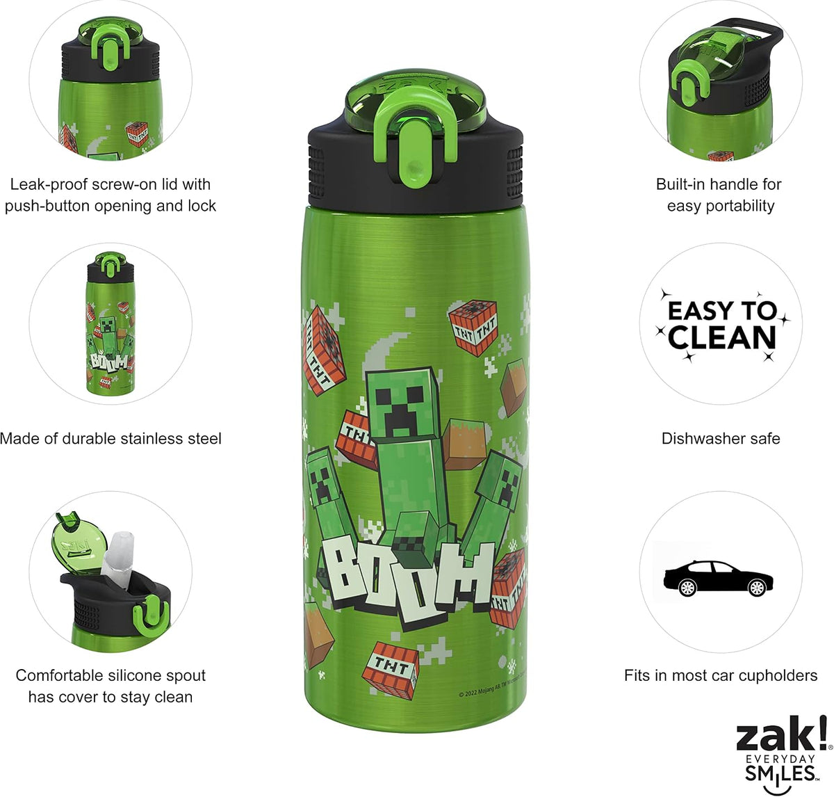 Minecraft Water Bottle for Travel and At Home, 19 oz Vacuum Insulated Stainless Steel with Locking Spout Cover, Built-In Carrying Loop, Leak-Proof Design (Creeper)