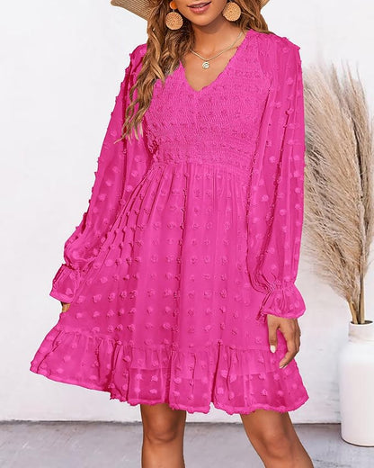 BTFBM Womens Dresses Casual V Neck Long Sleeve Swiss Dot Ruffle Chiffon Flowy Smocked Mini Summer Fall Dresses 2025