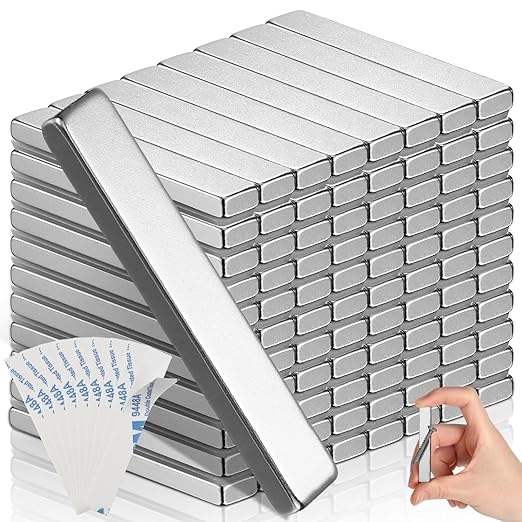 Hicarer 60 Pack Neodymium Rare Earth Bar Magnet Heavy Duty Rectangular Thin Bar Magnet Strip with Double Sided Adhesive for DIY Fridge Kitchen Office, 60 x 10 x 3 mm