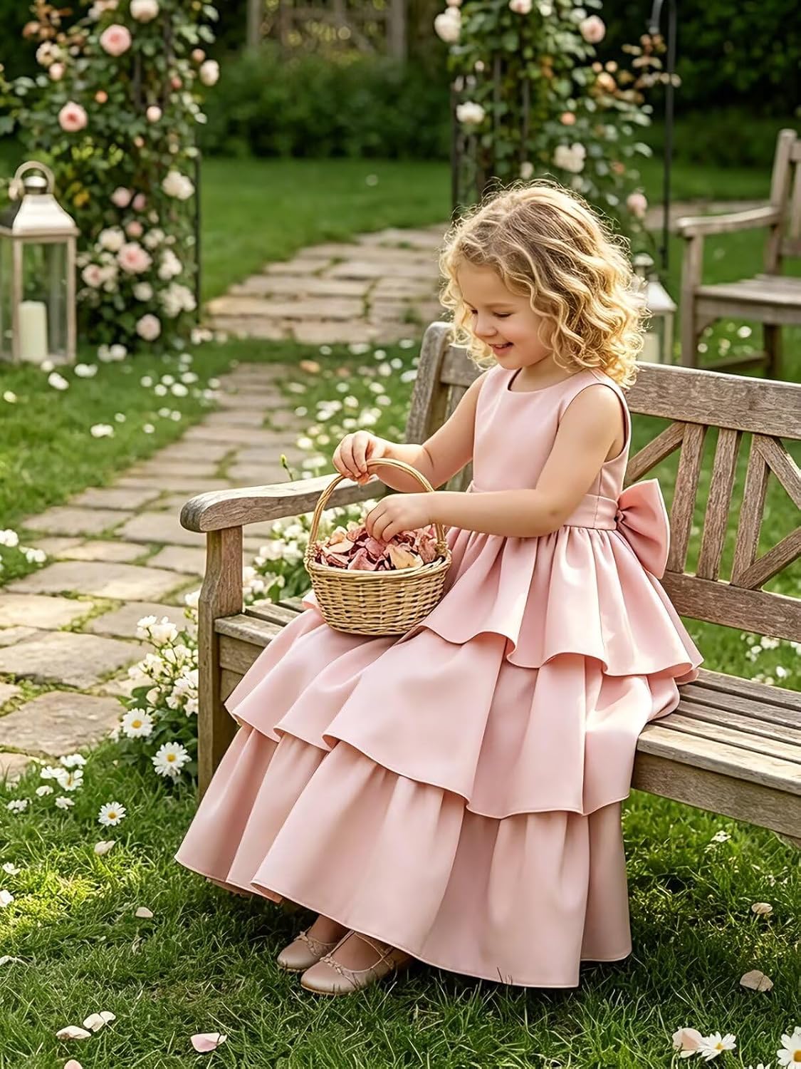 Satin Flower Girl Dresses for Wedding Tiered First Communion Dress Bow on Back Girls Formal Pageant Party Ball Gown
