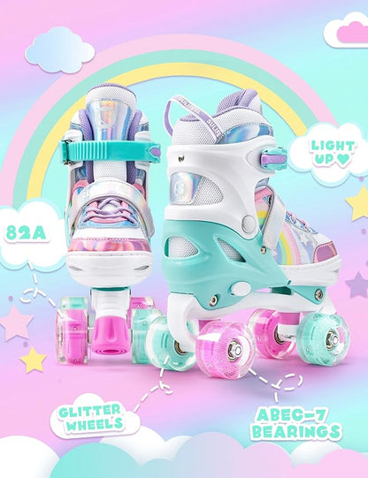 SULIFEEL Rainbow Unicorn 4 Size Adjustable Light up Roller Skates for Girls Boys for Kids