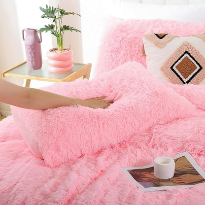 Smoofy Fluffy Full Size Comforter Set, Faux Fur Pink Comforter Set, Luxury Fuzzy Bedding Set, Soft Shaggy Full Bed Set for All Season, 3 Pieces - 1 Comforter & 2 Pillowcases