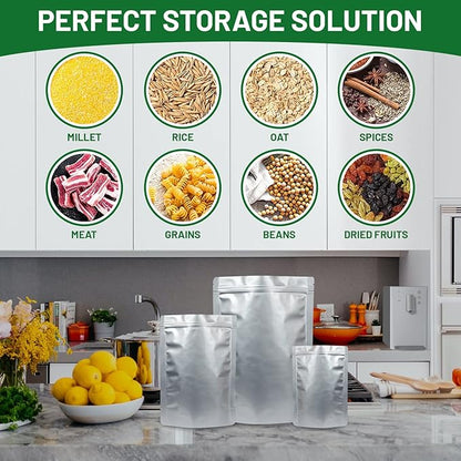 PoshMax Resealable Mylar Bags - Extra Thick Mylar Bags for Food Storage in 3 Sizes, Gallon, Quart and Small  Food Safe Mylar Ziplock Bag with Oxygen Absorbers for Food Storage 500cc  100 Pack
