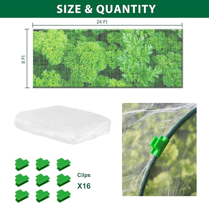 8x24 Ft Garden Netting, Pest Barrier Bird Ultra Fine Mesh Netting with 16 Clips for Garden Raised Beds Garden Plants Net Protection Vegetable Fruit Flowers Outdoor Greenhouse Row Cover