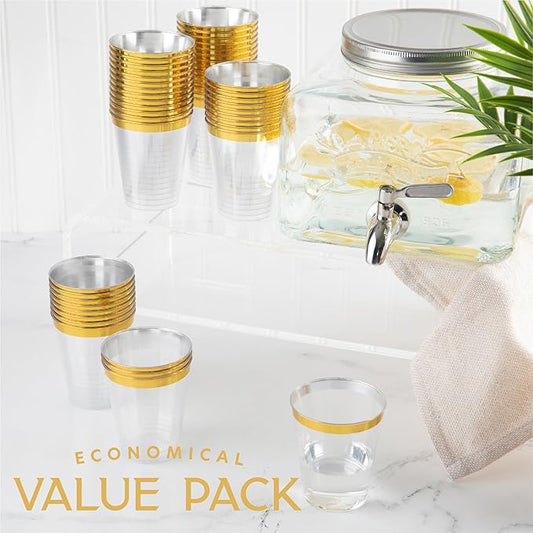PLASTICPRO Disposable 7 oz Crystal Clear Plastic Tumblers With Gold Rim for Party's  Weddings pack of 50