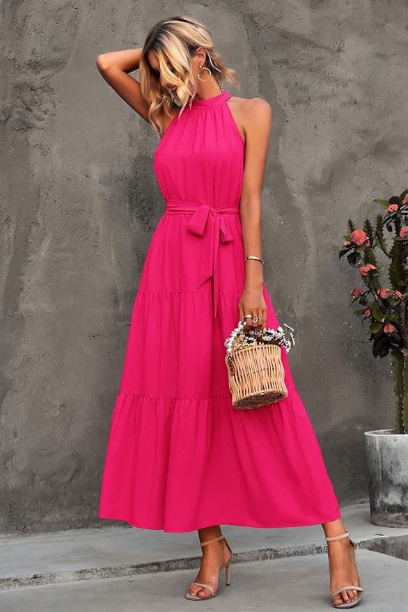 PRETTYGARDEN Women's Summer Floral Maxi Sun Dress Sleeveless Halter Neck Flowy Ruffle Hem Long Boho Dresses with Belt
