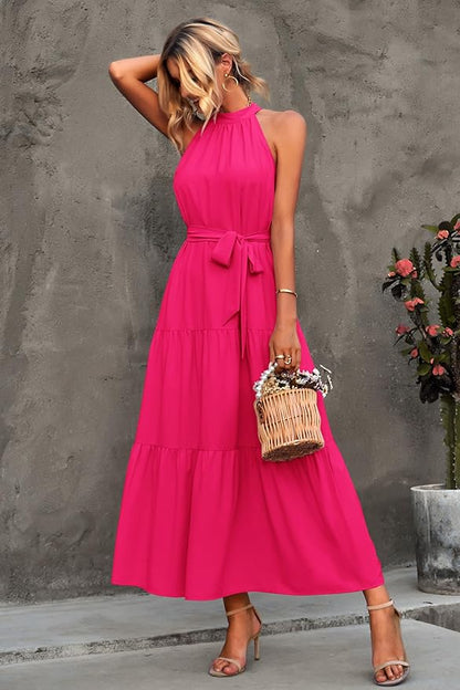 PRETTYGARDEN Women's Summer Floral Maxi Sun Dress Sleeveless Halter Neck Flowy Ruffle Hem Long Boho Dresses with Belt