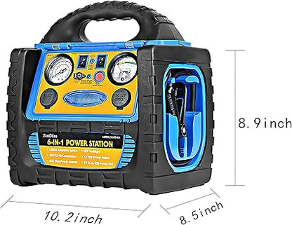 6-in-1 1800Amp Jump Starter with Air Compressor, 12V Car Battery Jumper 260PSI Tire Inflator, Portable Power Station 110V 400W Power Inverter USB DC AC Outlet, Auto Battery Booster Cables