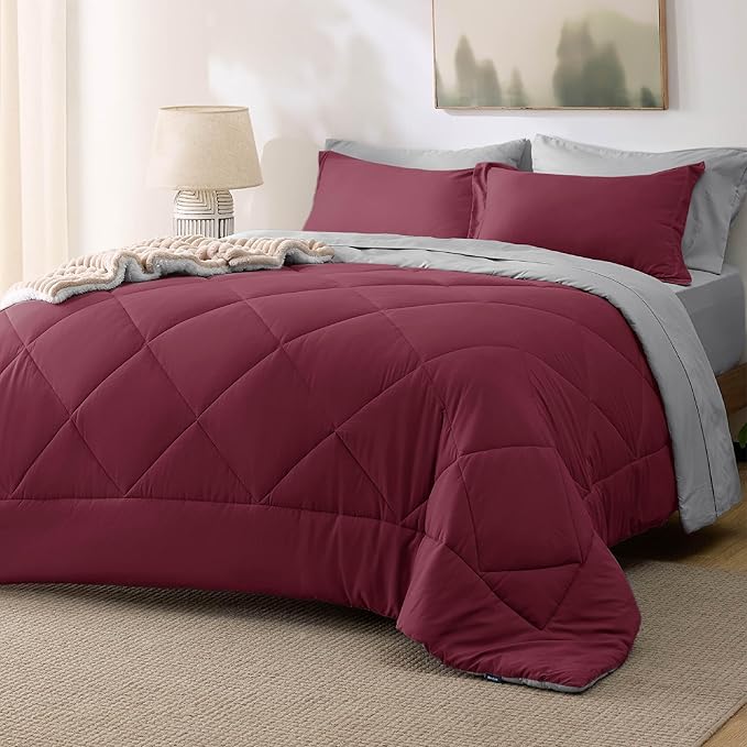 Bedsure Queen Comforter Set - 7 Pieces Reversible Burgundy Bedding, Queen Size Bed Set for All Seasons, Bed in a Bag with Down Alternative Comforter, Sheets, Pillowcases  Shams