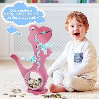 Wooden Dinosaur Piggy Bank Boalord for Boys Kids Girls Clear Big Belly Animal Coin Bank for Toddler Real Money ToyOoaDino-PinkOoa