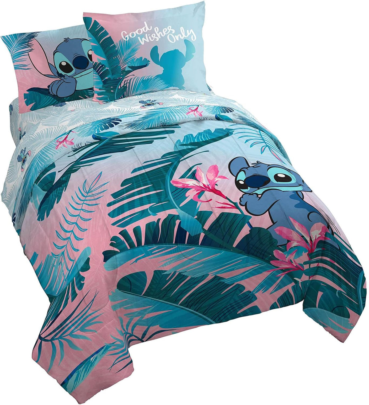 Disney Lilo and Stitch Queen Comforter Set 7 Piece Kids Bedding, Pink Bed in a Bag, Comforter Sheets Shams Pillowcases, Official Brand, Soft Polyester Microfiber, Machine Washable, Girls Gift