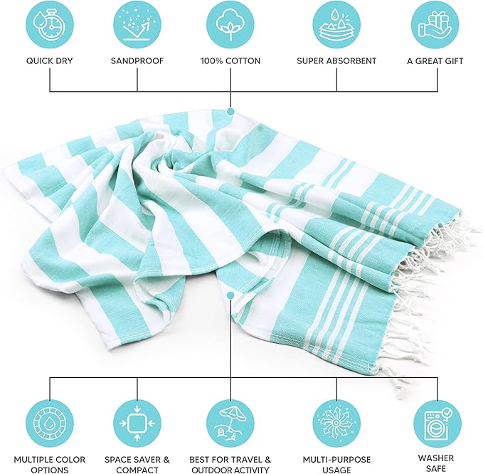Utopia Towels 4 Pack Turkish Beach Towels, 40 x 72 Inches, 100 Cotton, Oversized, Sand-Free, Lightweight, Quick Drying, Pre-Washed for a Soft Feel, Turkish Peshtemal Towel