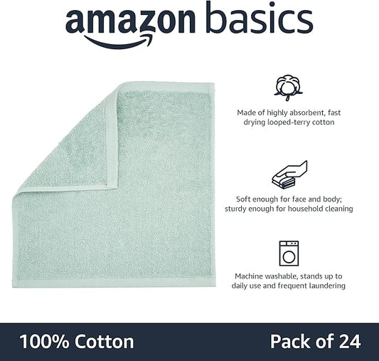 Basics Washcloth for bathroom, 100 Cotton Extra Absorbent , Fast Drying - salon towels - 24-Pack Seafoam Green, 12 x 12 inches