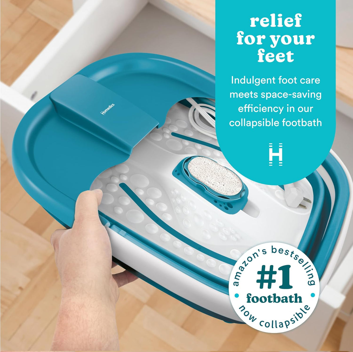Homedics Smart Space Bubble Mate Collapsible Foot Spa, Heat-Maintaining, Bubble Massage with Pumice Stone and Splash Guard