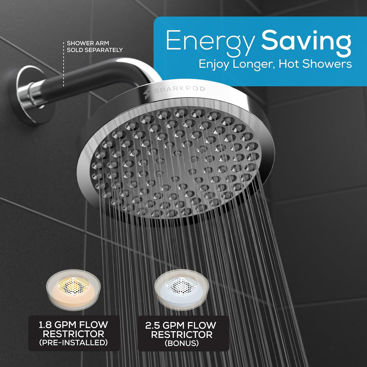 SparkPod 6 in Round Rain Shower Head, Polished Chrome
