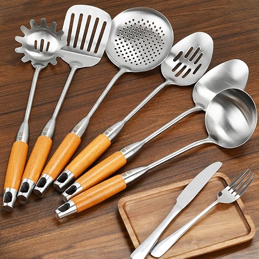6 Pieces Stainless Steel 304 Kitchen Cooking Utensil Set, Metal 18/8 Stainless Steel Utensil Spatula Sets Cookware for Kitchen with Wood Handle
