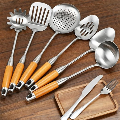 6 Pieces Stainless Steel 304 Kitchen Cooking Utensil Set, Metal 18/8 Stainless Steel Utensil Spatula Sets Cookware for Kitchen with Wood Handle