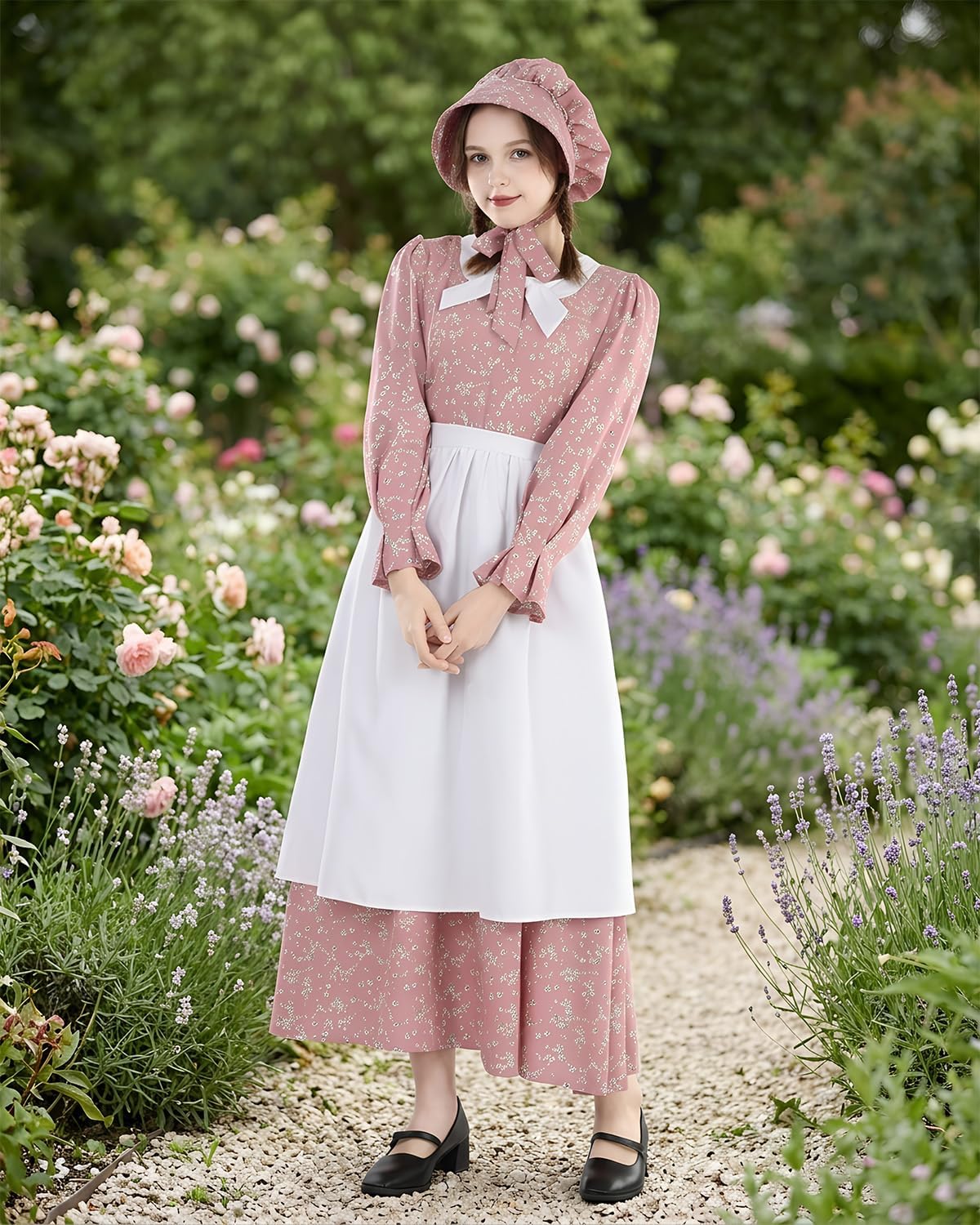 LTAKK Colonial Dress Women Prairie Pioneer Costume | Floral Dresses with Apron, Bonnet for Civil War, Revolutionary War Dress-Up, Pilgrim, Historical Reenactment, Amish Outfit