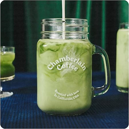 Chamberlain Coffee Cold Brew Mason Jar - 16 Oz Square Jar Drinking Glass with Handle - Cold Brew, Iced Coffee  Matcha Mug