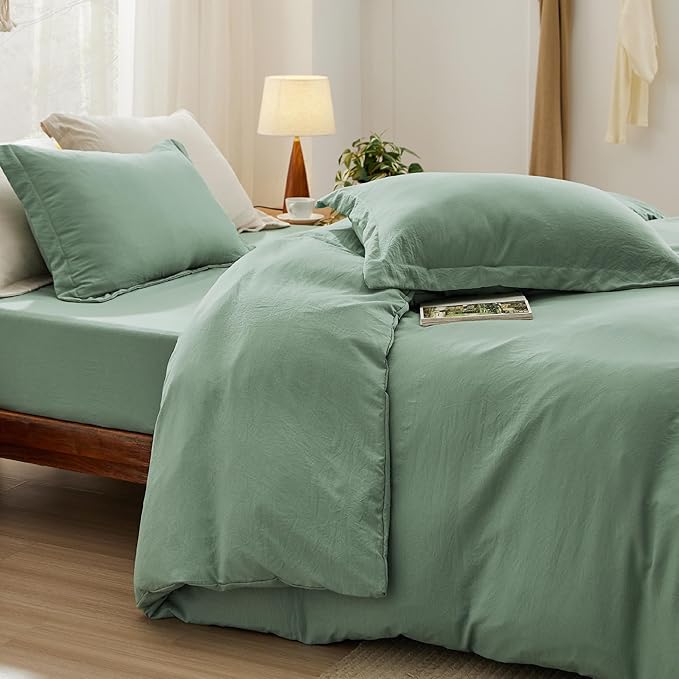 Bedsure Duvet Cover Queen Size with Fitted Sheet - 4 Pieces Prewashed Extra Soft Bedding Set, Includes 1 Duvet Cover 90x90 Inches with Zipper Closure, 2 Pillow Shams, 1 Fitted Sheet, Sage Green