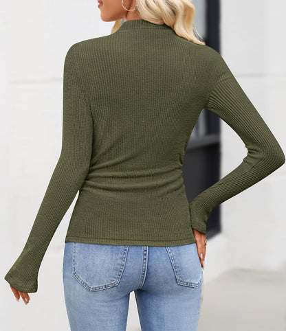 ZESICA Women's Long Sleeve Business Casual Shirts 2026 Fall Mock Neck Ribbed Dressy Tops Slim Fit Outfits Ruched Clothes.