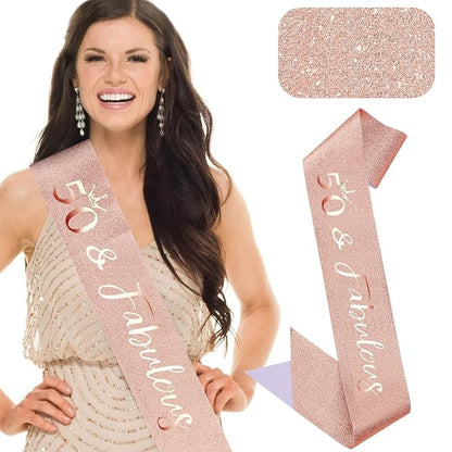 CIEHER 50th Birthday Sash for 50th Birthday Decorations Women 50  Fabulous Sash 50th Birthday Sashes for Women - Rose Gold