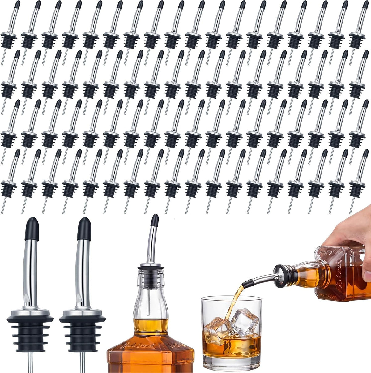 Chengu 72 Pcs Liquor Spout Stainless Steel Bottle Pourers Tapered Liquor Pourers with Rubber Dust Caps Tapered Spouts Set Bar Supplies Vinegar Bottle Dispenser Wine Spout for Alcohol Olive Oil