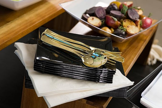 Plastic Cutlery Silverware Extra Heavyweight Disposable Flatware, Full Size Plastic Spoons Like Gold 24 Pack