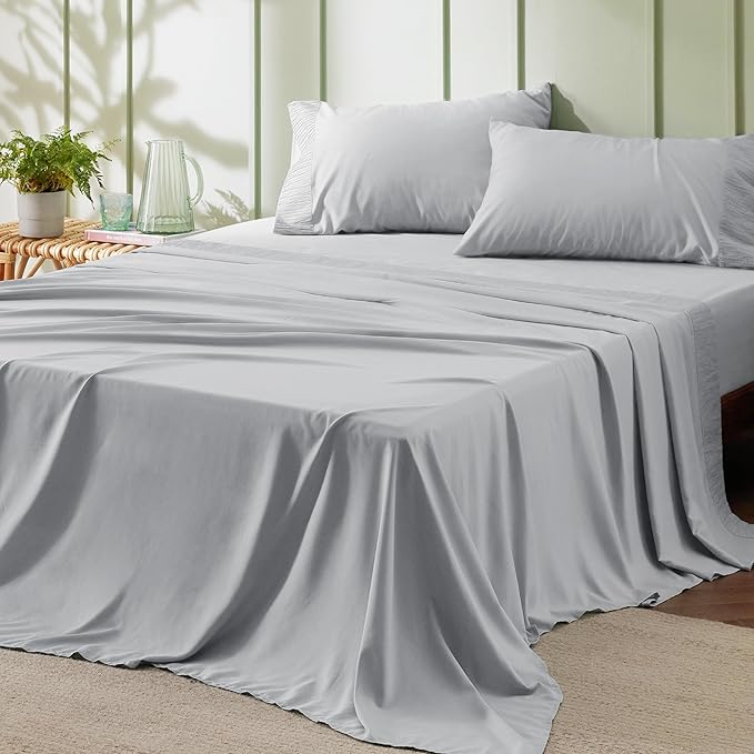 Bedsure Queen Sheet Set - 4 Pieces Soft Queen Size Sheets - Breathable  Cooling - Hotel Luxury - Easy Care Polyester Microfiber Bedding for Women, Men, Light Grey