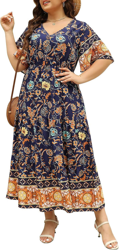 Keluummi Plus Size Maxi Dress for Women V-Neck Floral Empire Waist 3/4 Sleeve with Pockets .
