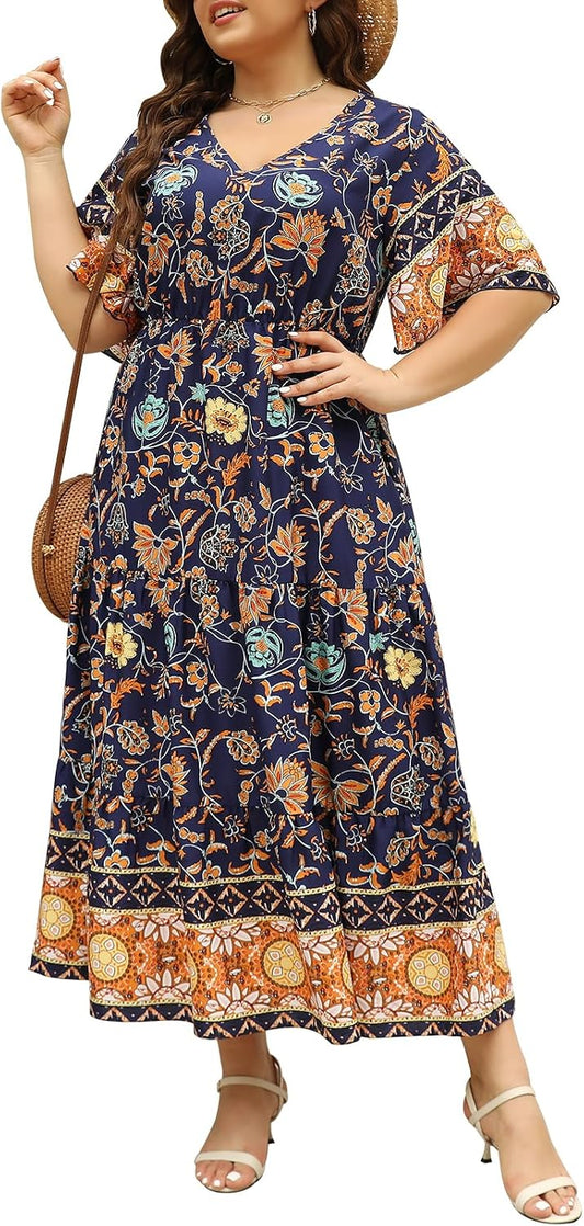 Keluummi Plus Size Maxi Dress for Women V-Neck Floral Empire Waist 3/4 Sleeve with Pockets .