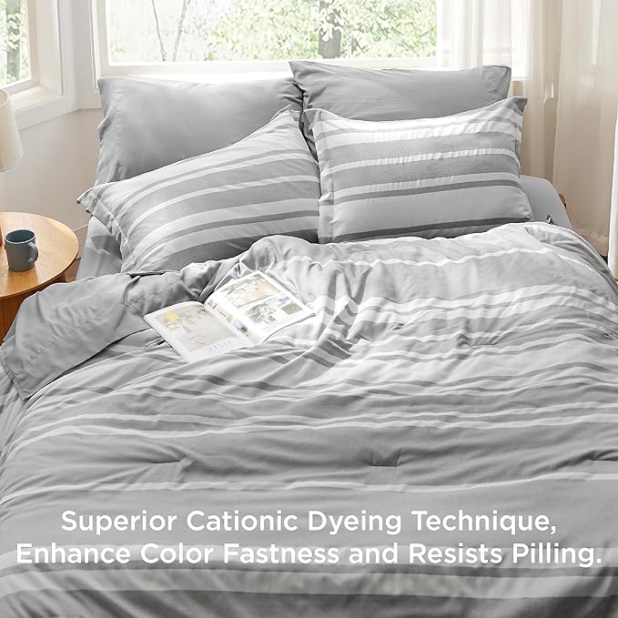 Bedsure Queen Comforter Set 7 Pieces, Grey Striped Bedding Set for Queen Size Bed Reversible, Cationic Dyeing Bed in a Bag with Comforter, Sheets, Pillowcases  Shams