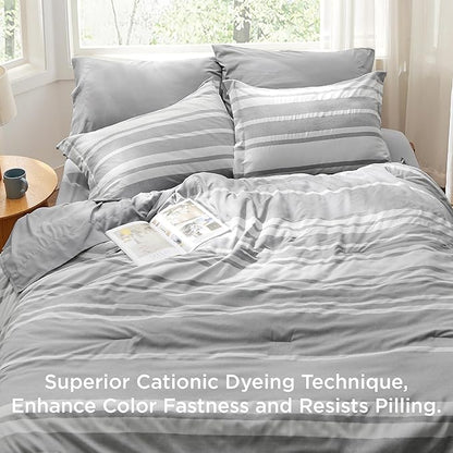 Bedsure Queen Comforter Set 7 Pieces, Grey Striped Bedding Set for Queen Size Bed Reversible, Cationic Dyeing Bed in a Bag with Comforter, Sheets, Pillowcases  Shams