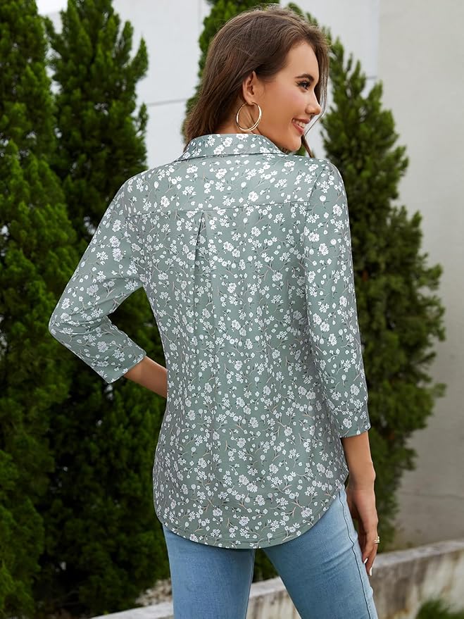 Bulotus Women's 3/4 Sleeve Tunic Shirts Business Casual Blouses V Neck Work Tops