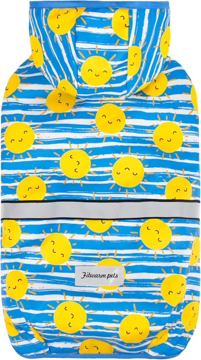 Fitwarm Stirped Sun Dog Raincoat, Waterproof Rain Jacket for Small Dogs Boy Girl, Reflective Puppy Poncho with Harness Hole, Packable, Adjustable, Blue, Yellow, White, S