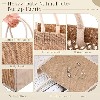 Reginary 16 Pcs Jute Tote Gift Bags Natural Burlap Grocery Shopping Bag Beach Tote with Handle for Bridesmaid Wedding Travel
