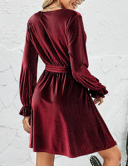 HOTOUCH Women's Velvet Dress Wrap V Neck Flared Dress Long Lantern Sleeve Dresses with Belt Cocktail Party Dress
