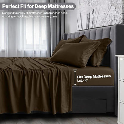 LUX Décor Queen Sheet Set - 4 Piece Ultra-Soft Microfiber Bed Sheets with Flat Sheet, 16 Inches Deep Pocket Fitted Sheet & Pillowcases, Cooling & Breathable, Hotel Luxury, Oeko-TEX - Brown