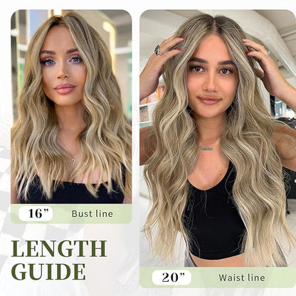 KooKaStyle Invisible Wire Hair Extensions with Transparent Wire Adjustable Size 4 Secure Clips Long Wavy Secret Synthetic Hairpiece 20 Inch for Women(Ash Brown mix Bleach Blonde)