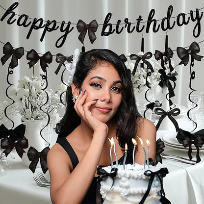 Black Bow Happy Birthday Banner Garland and Hanging Swirls for Girl Black Bow Coquette Birthday Party Decorations