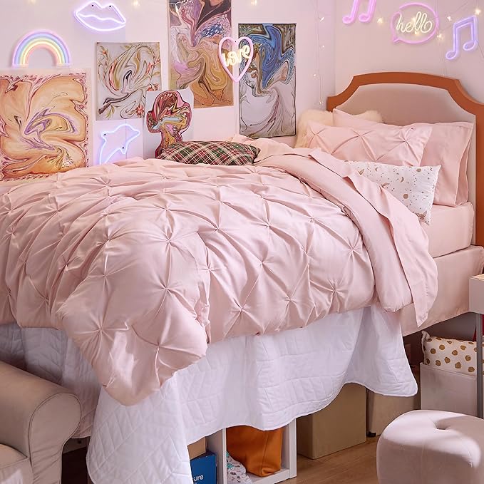 Bedsure Twin Comforter Pink for Women - Bed in a Bag Twin Size 1 Piece, GentleSoft™ Pintuck Bed Gift for Family, Pinch Pleat Pink Comforter