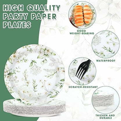 48PCS White Floral Party Paper Plates 7In Wildflower Party Decorations Spring Blossom Flowers Dinner Plates Greenery Disposable Tableware for Wedding Bridal Baby Shower Birthday Party Supplies