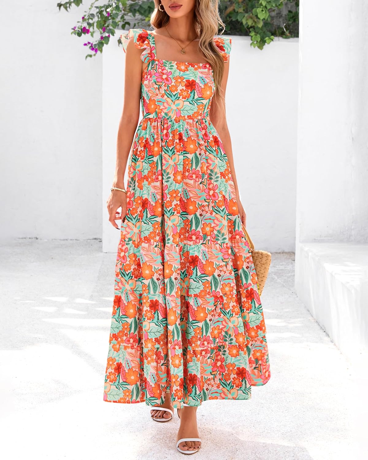 dowerme Summer Dresses for Women 2026 Casual Ruffle Smocked Tiered A-Line Boho Floral Maxi Beach Sun Dress with Pockets