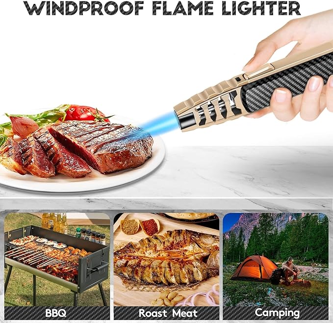 Butane Blowtorch, Outdoor Windproof Cooking Blowtorch Lighter, Refillable Adjustable Jet Flame Kitchen Butane Lighter with Safety and Fireproof Lock, Gift Box Packing(Gold)