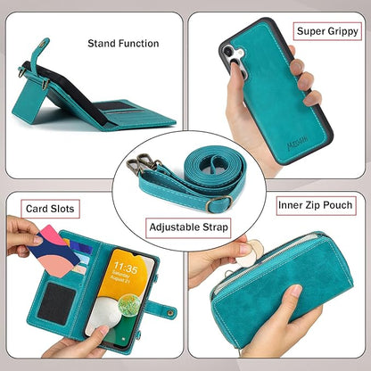 for Samsung Galaxy A13 5G Wallet Case,Multi-Function Wallet Case, Detachable 3 in 1 Magnetic Galaxy A13 Case Wallet,Flip Strap Zipper Card Holder Phone Case with Shoulder Straps(Blue)